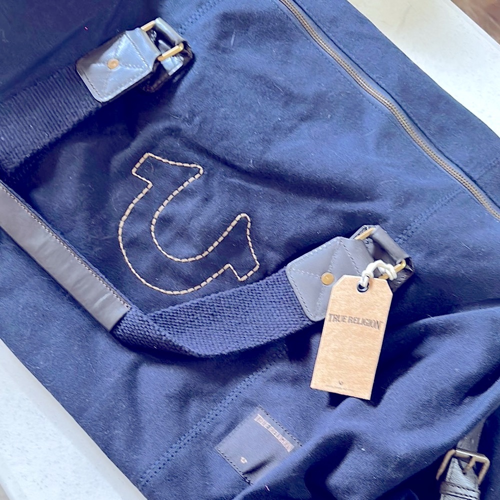 True Religion Blue Duffel Bag with Signature Horseshoe Stitching